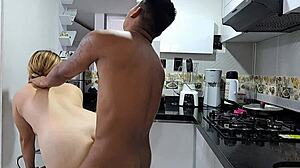 Colombian blonde latina prostitute sucks cock in kitchen and gets cumshot on big ass