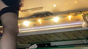 sexy milf with long legs and big pussy lips teases upskirt in lingerie at work