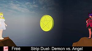 Strip duel features demon versus angel in an erotic game with clothes ripped and monster lesbian striptease elements
