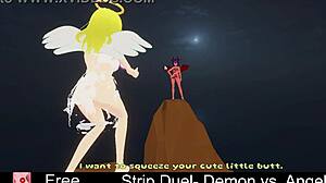 Strip duel features demon versus angel in an erotic game with clothes ripped and monster lesbian striptease elements