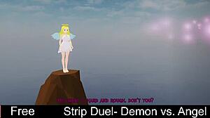 Strip duel features demon versus angel in an erotic game with clothes ripped and monster lesbian striptease elements