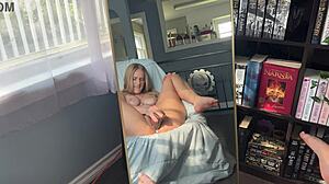 Horny blonde nerd plays with big black cock dildo until creamy orgasm. Her big natural tits bounce while watching homemade toy action.