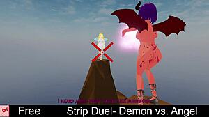 Strip duel features demon versus angel in an erotic game with clothes ripped and monster lesbian striptease elements