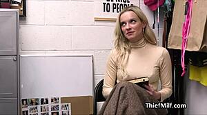 Milf caught with stolen dildos kneels for blowjob in office hidden cam