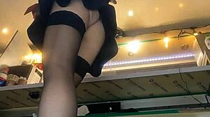 sexy milf with long legs and big pussy lips teases upskirt in lingerie at work