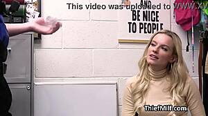 Milf caught with stolen dildos kneels for blowjob in office hidden cam