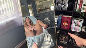 Horny blonde nerd plays with big black cock dildo until creamy orgasm. Her big natural tits bounce while watching homemade toy action.