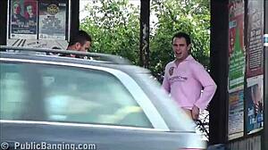 Public Gangbang Threesome Sex with Busty Girl by Busy Highway