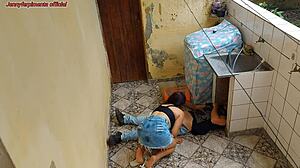 Narrative unfolds as brazilian hotwife rides plumber's big cock in jeans while husband works for homemade cuckold humiliation