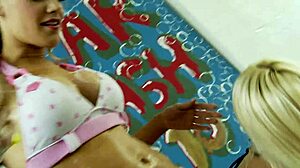 Why are these bimbo sluts licking big tits and pussy at the all lesbian car wash in wet fun?