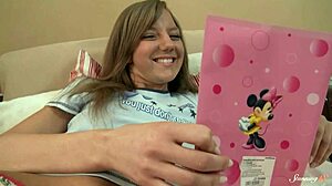 Horny teen Junia A teases her tight shaved pussy with a vibrating toy