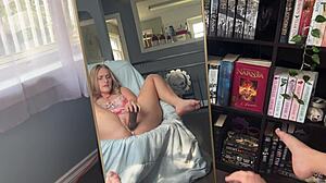 Horny blonde nerd plays with big black cock dildo until creamy orgasm. Her big natural tits bounce while watching homemade toy action.