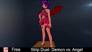 Strip duel features demon versus angel in an erotic game with clothes ripped and monster lesbian striptease elements