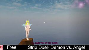 Strip duel features demon versus angel in an erotic game with clothes ripped and monster lesbian striptease elements