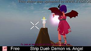 Strip duel features demon versus angel in an erotic game with clothes ripped and monster lesbian striptease elements