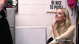 Milf caught with stolen dildos kneels for blowjob in office hidden cam