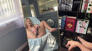 Horny blonde nerd plays with big black cock dildo until creamy orgasm. Her big natural tits bounce while watching homemade toy action.