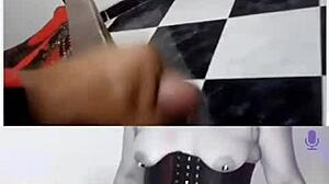 Toi et moi in corset and heels using dildo on shaved pussy for webcam cumshot!