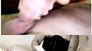 Toi et moi in corset and heels using dildo on shaved pussy for webcam cumshot!