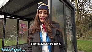 Public agent picks up big tits brunette air hostess Coco Bae for a hot POV blowjob. She rides his big cock outdoors in cowgirl and doggystyle for fast hard fucking.