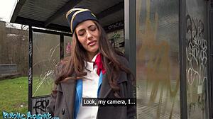 Public agent picks up big tits brunette air hostess Coco Bae for a hot POV blowjob. She rides his big cock outdoors in cowgirl and doggystyle for fast hard fucking.