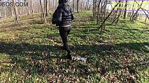 Tight leather pants hide no panties for wet car blowjob. Rough outdoor forest sex follows with steamy nature passion.