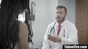 Why does this sleazy doctor bend over young ebony patient for rough interracial fucking?