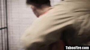 BLONDE TEEN THREESOME FUCKED hard by prison guards with strapon action!