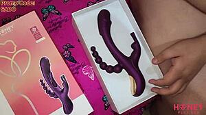 Amateur teen slave in bdsm session takes double penetration with rabbit vibrator in asshole and pussy. Huge gaping follows from toys and farting.