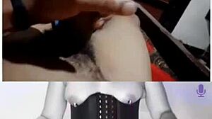 Toi et moi in corset and heels using dildo on shaved pussy for webcam cumshot!