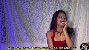 Brazilian brunette with small tits and skinny body dominates in femdom handjob. She teases her roommate's wife in lingerie during homemade Latina session with subtitles in Spanish.