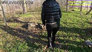 Tight leather pants hide no panties for wet car blowjob. Rough outdoor forest sex follows with steamy nature passion.