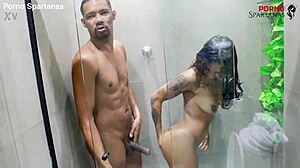 Hey, watch Niki Niquita shake that big ass in the shower after interracial cumshot fun.