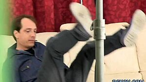 uh, this brune pornstar is suckin' that cock with heels on, givin' handjob and takin' facial cumshot backstage