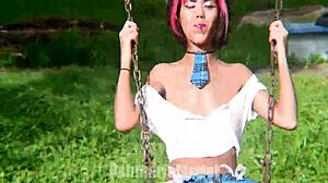 Slutty school girl flashing on the swingset barefoot