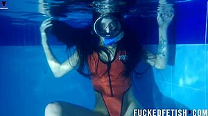 helen star underwater diving mask pool with small tits latina in horny masked action