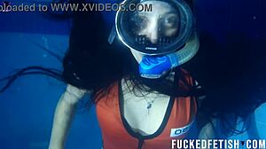 helen star underwater diving mask pool with small tits latina in horny masked action