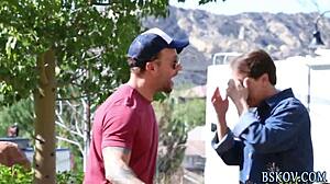 uh, this brune pornstar is suckin' that cock with heels on, givin' handjob and takin' facial cumshot backstage