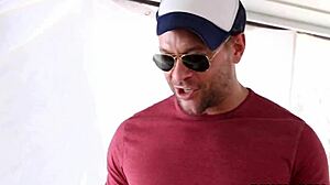 uh, this brune pornstar is suckin' that cock with heels on, givin' handjob and takin' facial cumshot backstage