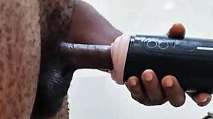 Without his girlfriend around, the guy grabbed a huge toy in the bathroom. He handled his monster cock solo on March 15, 2025.