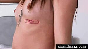 Granddad Duo Surprises Young 18+ Brunette with Wild Squirting Threesome Before Party Chaos