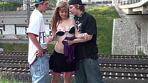 hey check out alexis crystal getting a facial in that public threesome near the railroad
