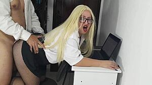 hey, that hot secretary with blonde hair and blue eyes bends over in her miniskirt for doggystyle