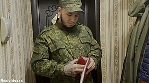 Russian soldier meets a lonely wife for a chat in her home