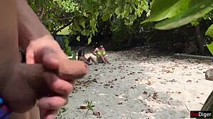 Public beach pickup with stepmom and stepdaughter flashing handjob leads to risky cumshot on face
