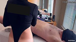 that hidden camera caught the hot step mom giving a massage to the young guy with huge cumshot