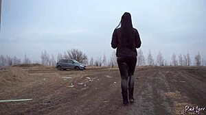 Stunning brunette solo masturbates in leather leggings to orgasm in car