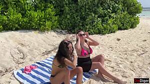 Public beach pickup with stepmom and stepdaughter flashing handjob leads to risky cumshot on face