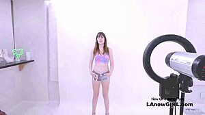 hot brunette unknowingly enters porn casting with intense blowjob and creampie on sofa