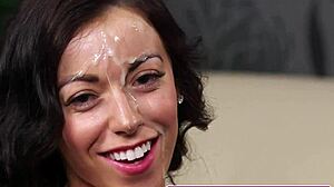 Milf on Knees Gets Facial Cumshot from Blowjob in Stockings